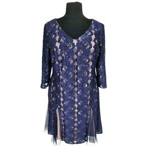 Alex Evening Womens Midi Prom Dress Size 16 Blue Floral Lace V-Neck 3/4 SLV 327A